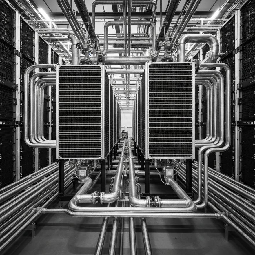 Drycoolers et tuyauterie inox entre deux rangées de baies serveurs